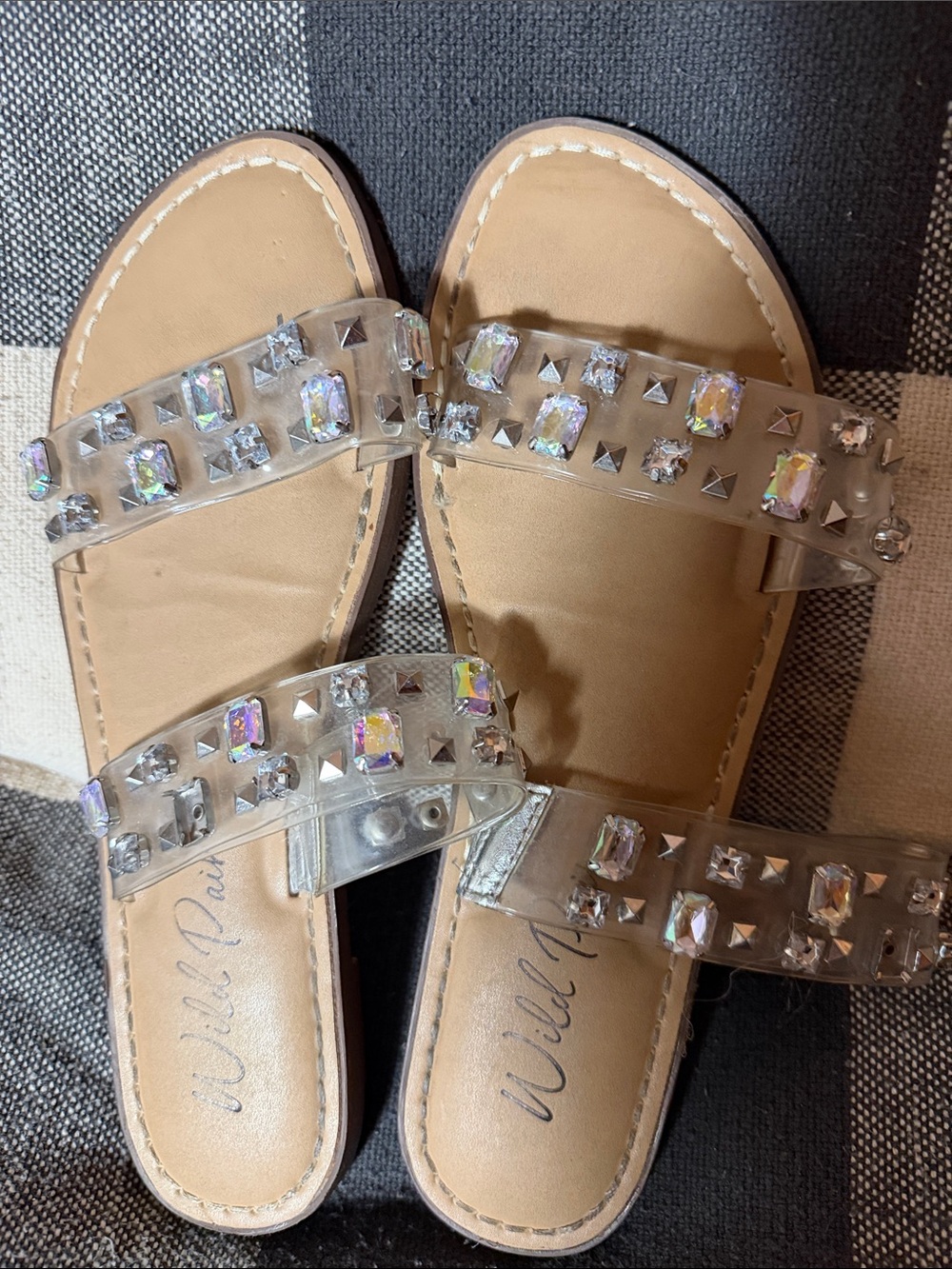 Wild Pair Clear Jeweled Double-Strap Slide Sandals with Tan Footbed